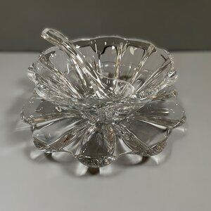 Vintage Heavy Glass Condiment or Sauce Bowl with Base Plate and Spoon